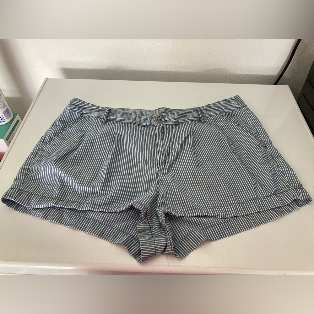 Women madewell shorts short double button Railroad Stripe pocket blue white 14